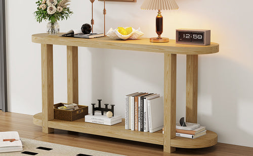 63-Inch Natural Ash Veneer Console Table with Lower Shelf