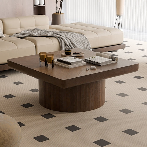 34.6-Inch Square Wood Veneer Coffee Table – Brown Finish