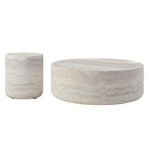 Set of 2 Faux Marble Pattern Coffee Tables - Round Side Tables