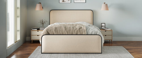 Modern Metal Bed Frame with Curved Upholstered Headboard and