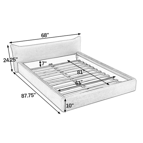 Cream Queen Platform Bed with Curved Upholstered Headboard