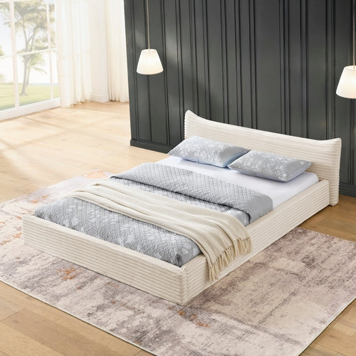 Cream Queen Platform Bed with Curved Upholstered Headboard