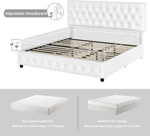 White Queen Upholstered Storage Bed with Under-Bed Drawers