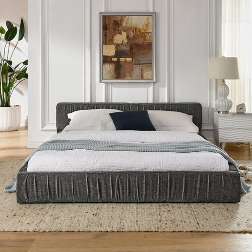 Grey Chenille Upholstered Queen Platform Bed