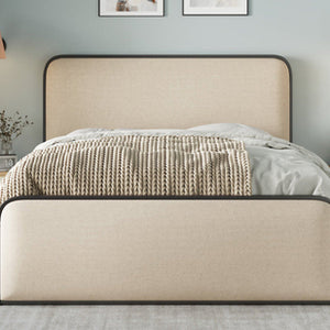 Modern Metal Bed Frame with Curved Upholstered Headboard and