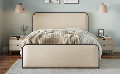 Modern Metal Bed Frame with Curved Upholstered Headboard and