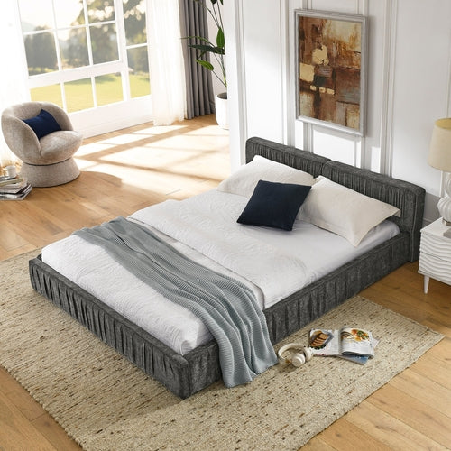Grey Chenille Upholstered Queen Platform Bed