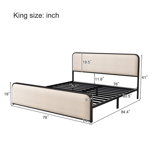 Modern Metal Bed Frame with Curved Upholstered Headboard and