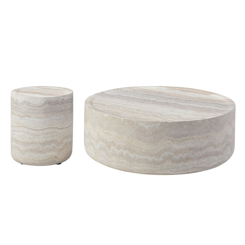 Set of 2 Faux Marble Pattern Coffee Tables - Round Side Tables