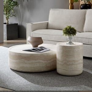 Set of 2 Faux Marble Pattern Coffee Tables - Round Side Tables
