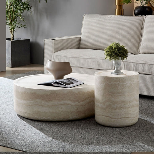 Set of 2 Faux Marble Pattern Coffee Tables - Round Side Tables