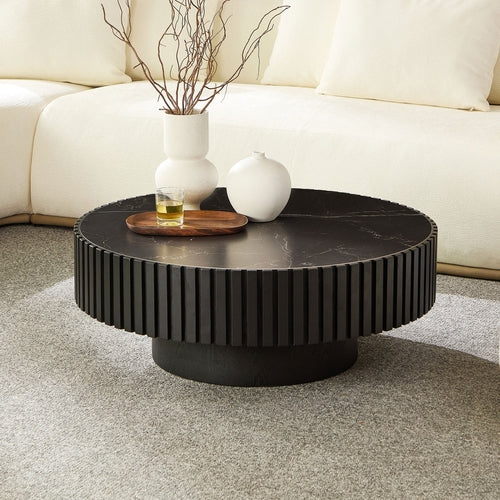 35-Inch Nesting Round Sintered Stone Coffee Table - Modern Drum Design