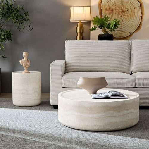 Set of 2 Faux Marble Pattern Coffee Tables - Round Side Tables