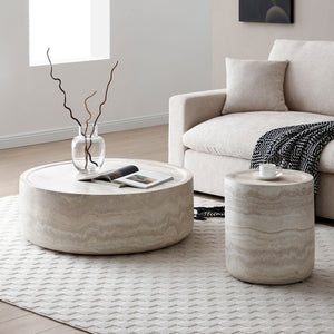 Set of 2 Faux Marble Pattern Coffee Tables - Round Side Tables