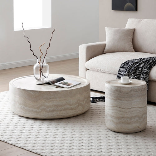 Set of 2 Faux Marble Pattern Coffee Tables - Round Side Tables