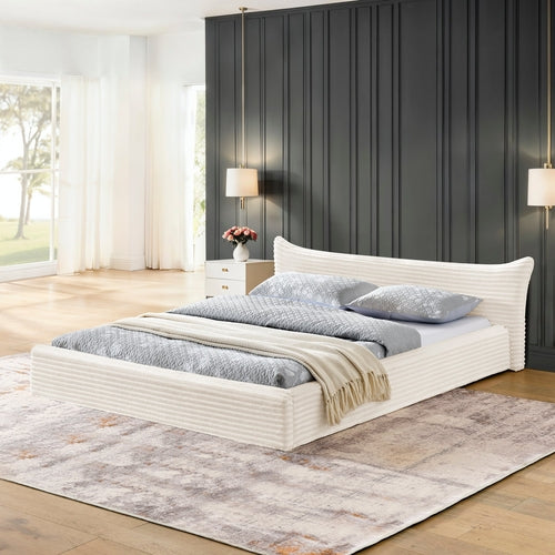 Cream Queen Platform Bed with Curved Upholstered Headboard