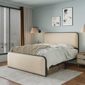Modern Metal Bed Frame with Curved Upholstered Headboard and
