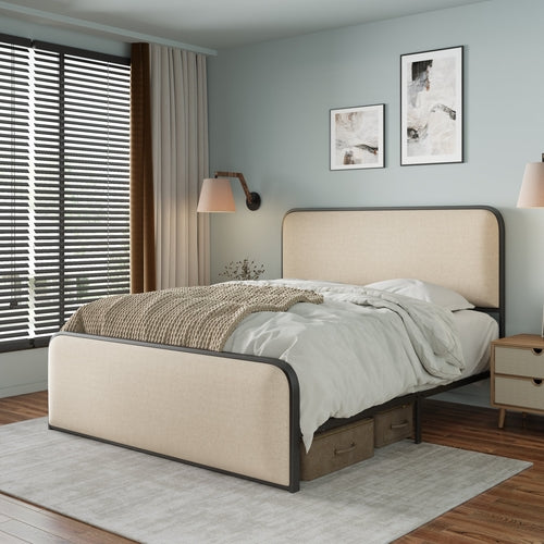 Modern Metal Bed Frame with Curved Upholstered Headboard and