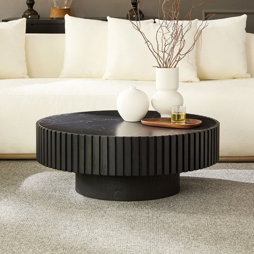 35-Inch Nesting Round Sintered Stone Coffee Table - Modern Drum Design