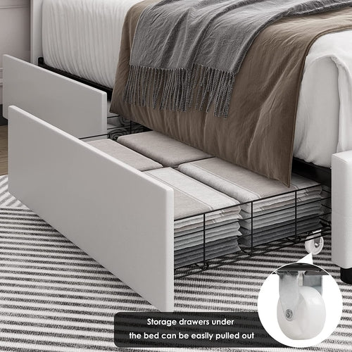 White Queen Upholstered Storage Bed with Under-Bed Drawers