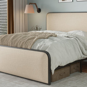 Modern Metal Bed Frame with Curved Upholstered Headboard and