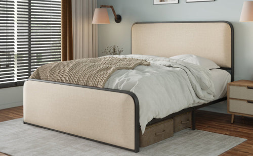 Modern Metal Bed Frame with Curved Upholstered Headboard and