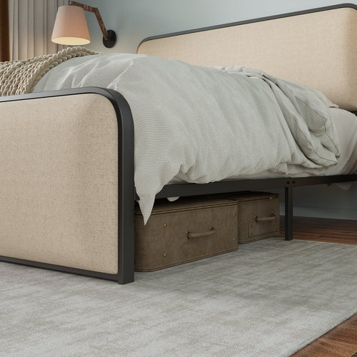Modern Metal Bed Frame with Curved Upholstered Headboard and