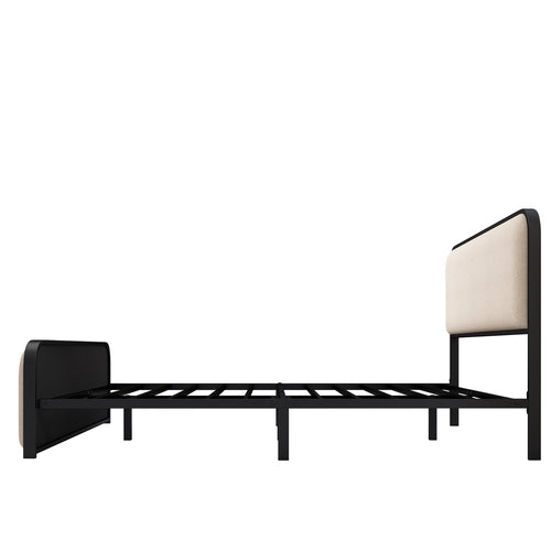 Modern Metal Bed Frame with Curved Upholstered Headboard and