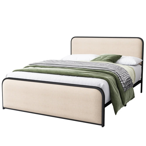 Modern Metal Bed Frame with Curved Upholstered Headboard and