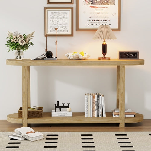 63-Inch Natural Ash Veneer Console Table with Lower Shelf