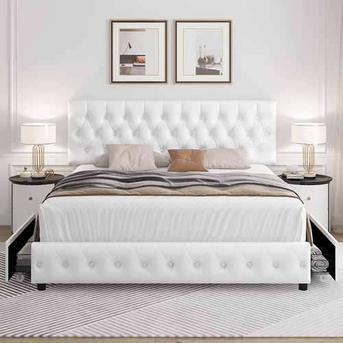 White Queen Upholstered Storage Bed with Under-Bed Drawers