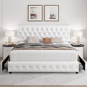 Queen Upholstered Bed Frame With Under Bed Drawers