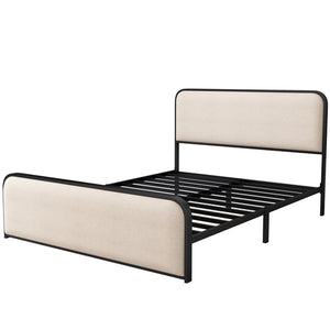 Modern Metal Bed Frame with Curved Upholstered Headboard and