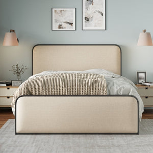 Modern Metal Bed Frame with Curved Upholstered Headboard and