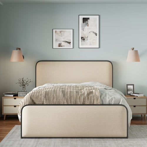 Modern Metal Bed Frame with Curved Upholstered Headboard and