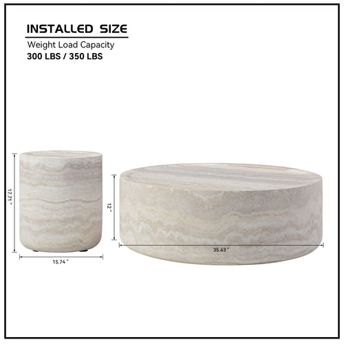 Set of 2 Faux Marble Pattern Coffee Tables - Round Side Tables