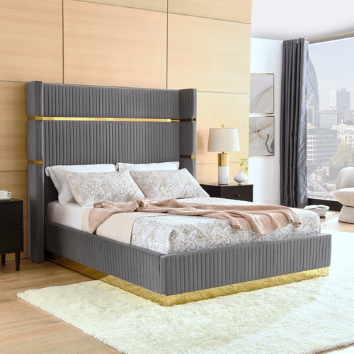 Corduroy Upholstered Queen Bed Frame - 65-Inch Tall Wingback Headboard
