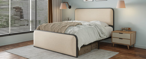 Modern Metal Bed Frame with Curved Upholstered Headboard and