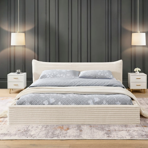 Cream Queen Platform Bed with Curved Upholstered Headboard