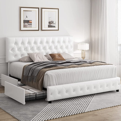 Queen Upholstered Bed Frame With Under Bed Drawers