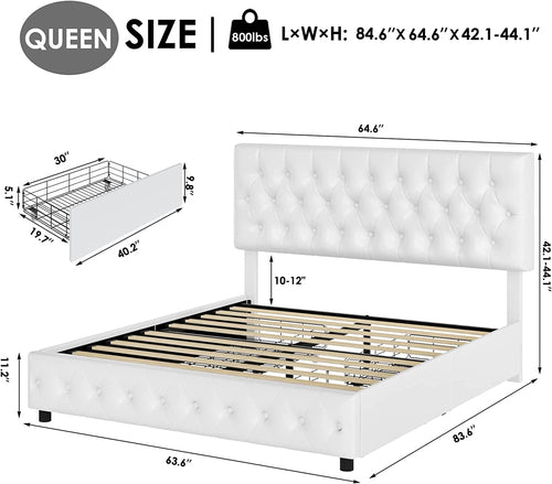 White Queen Upholstered Storage Bed with Under-Bed Drawers