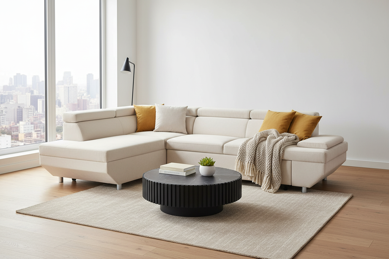 Modern living room with coffee table and L-shape sofa