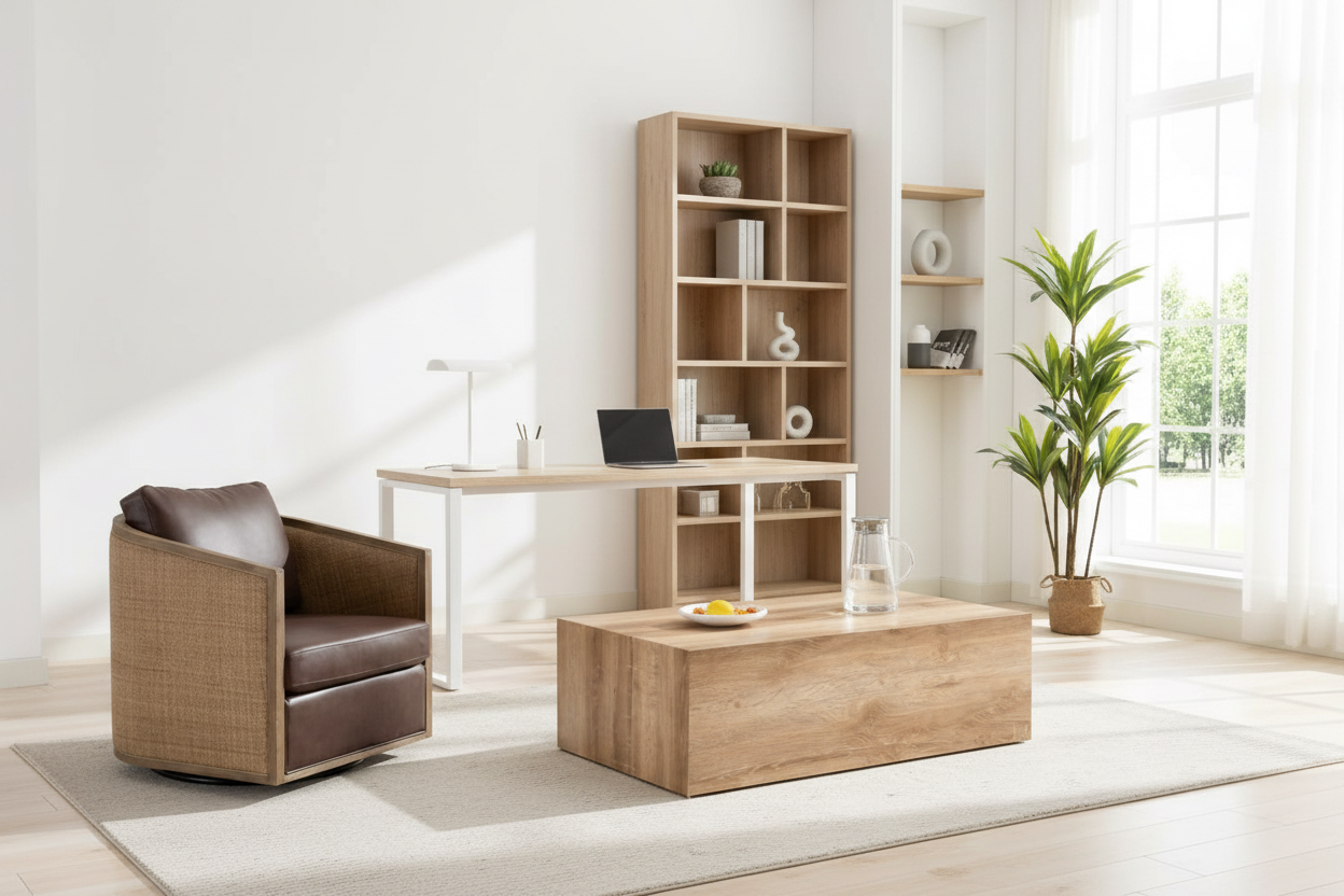 Modern office with swivel barrel chair and coffee table